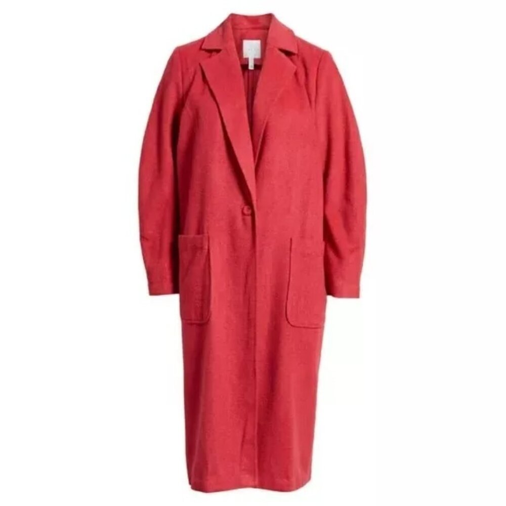 Leith Red Single Button Long Wool Overcoat Jacket - Picture 3 of 4
